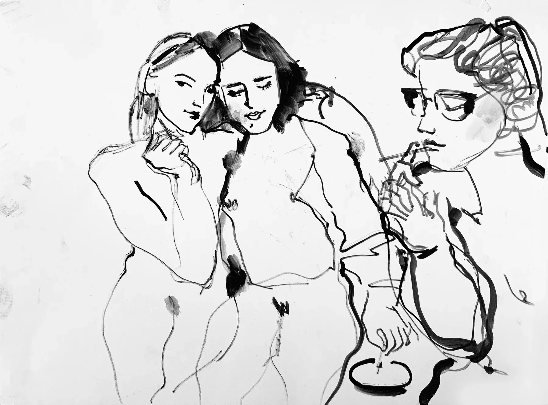 An ink and wash drawing by Maria Naidyonova portraying three young women at a party, rendered with loose gestural lines and minimal shading.