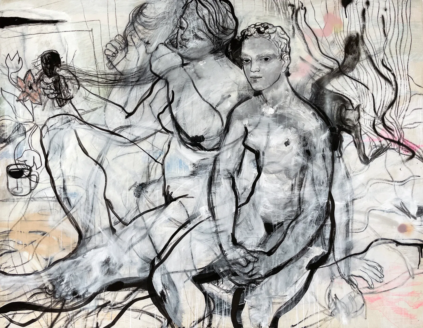 A dynamic figurative painting by Maria Naidyonova featuring overlapping seated figures, drawn in black expressive contour lines with layered mixed-media textures.