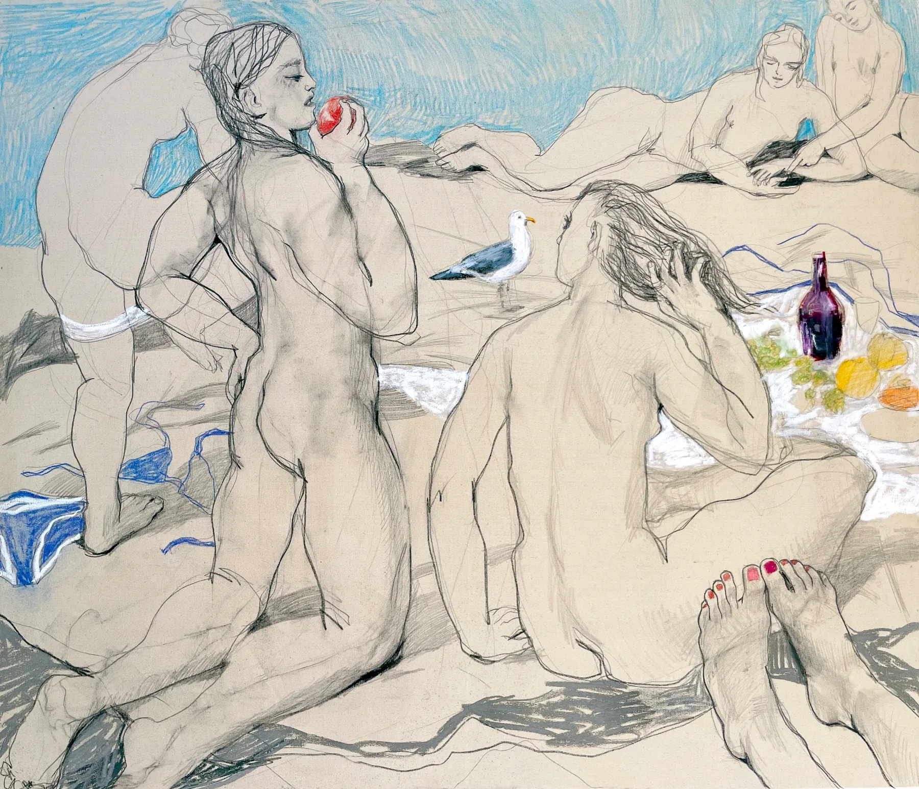 A mixed-media figurative beach scene by Maria Naidyonova showing nude figures gathered on sand near a picnic setup, with a seagull, fruit, a bottle of wine, and soft blue water in the background.