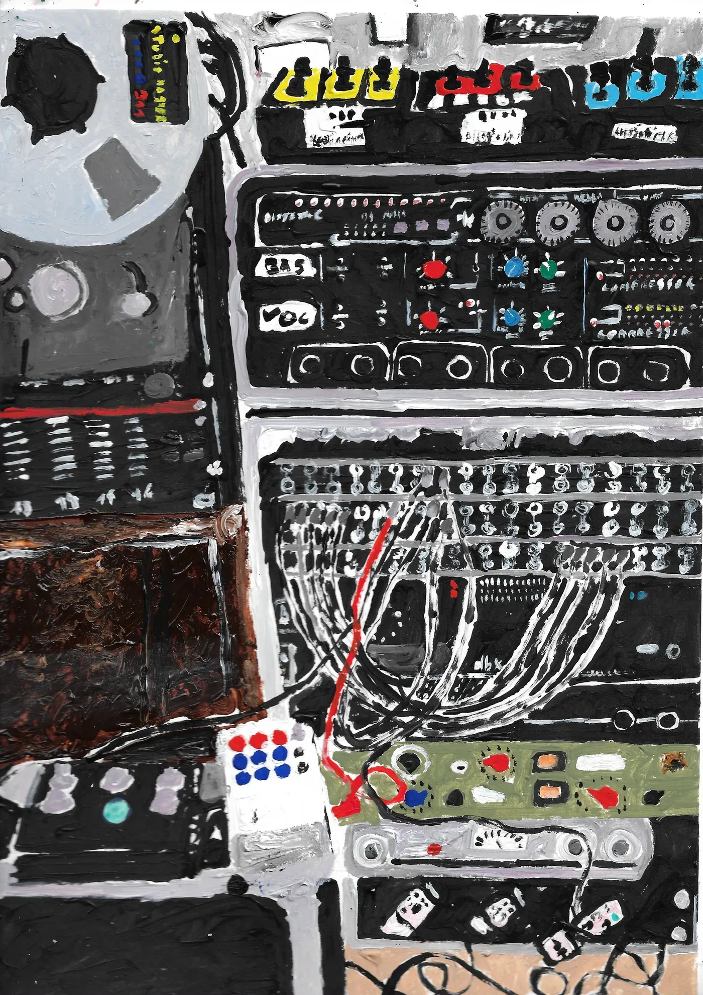 ellen claes, Architectural grid patterns in grey, yellow, and blue tones evoke stillness and unease. Claes notes an “undercurrent of tension” as if a moment has just passed or is about to happen. Image courtesy of the artist.