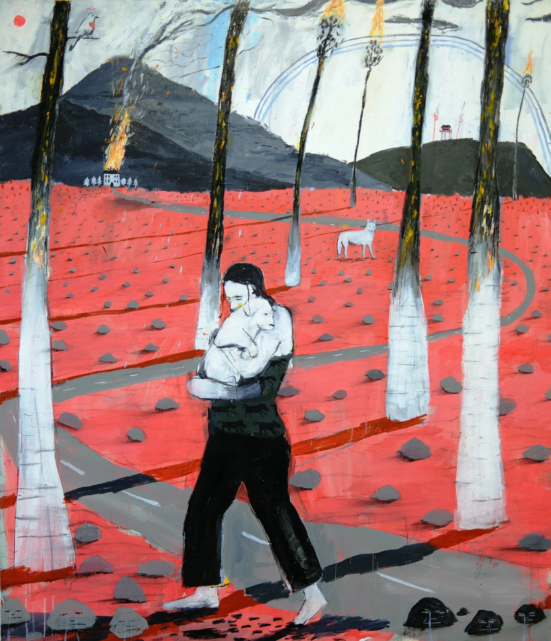 Painting by Billy Bagilhole showing a figure carrying a child through a red landscape with black mountains, white trees, and a distant burning house beneath a pale sky.