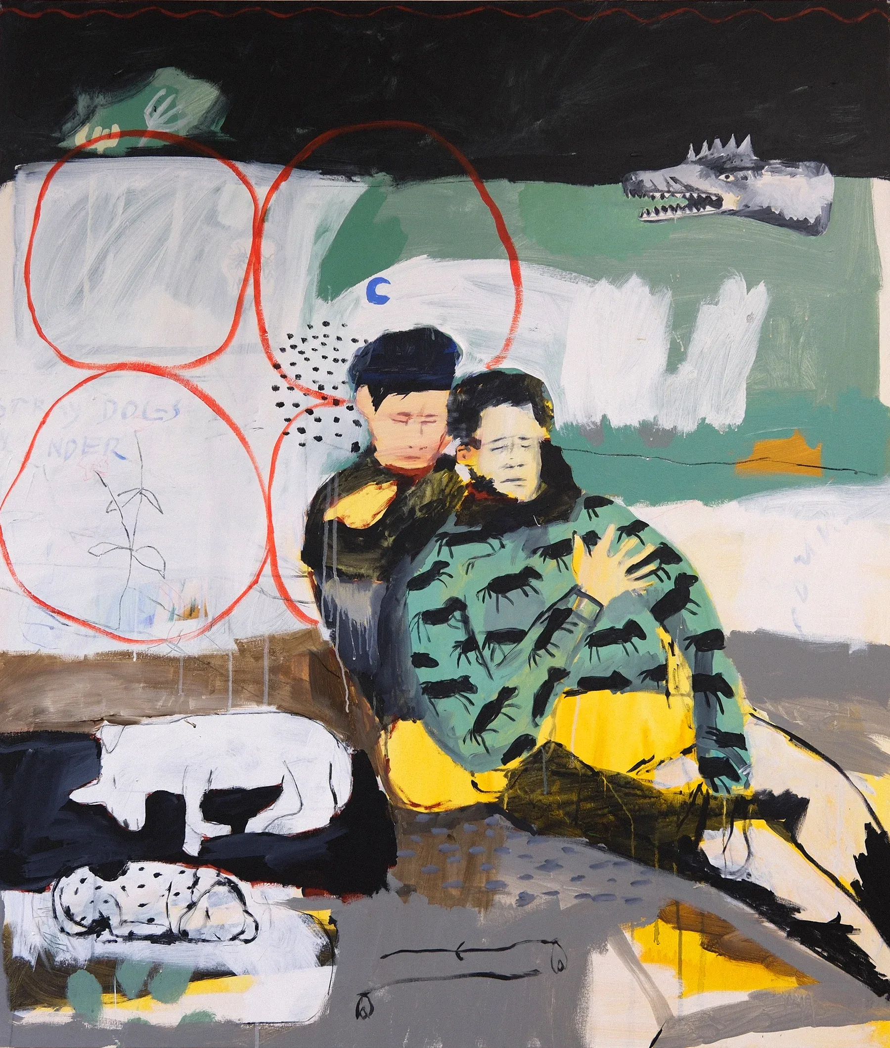 Painting by Billy Bagilhole depicting two seated figures embracing beside two white dogs, with abstract shapes, a green background, and a grey wolf head above.