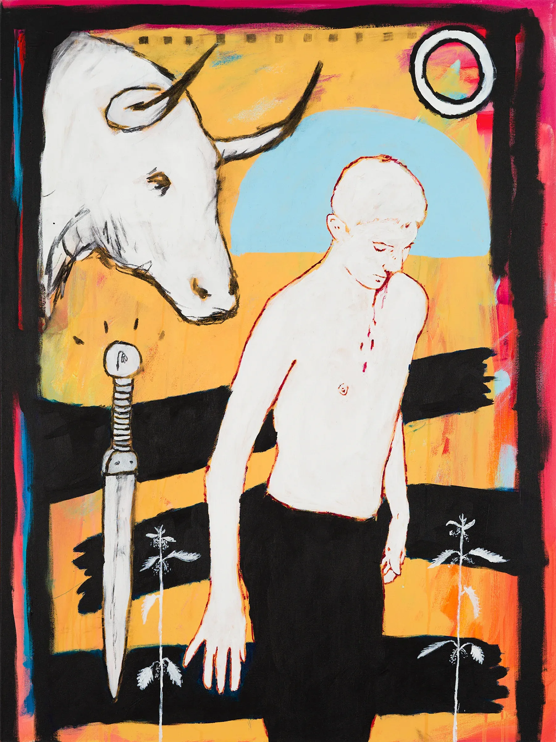 Painting by Billy Bagilhole showing a pale figure with a bleeding chest beside a bull’s head and large knife, set against vivid orange and black shapes.