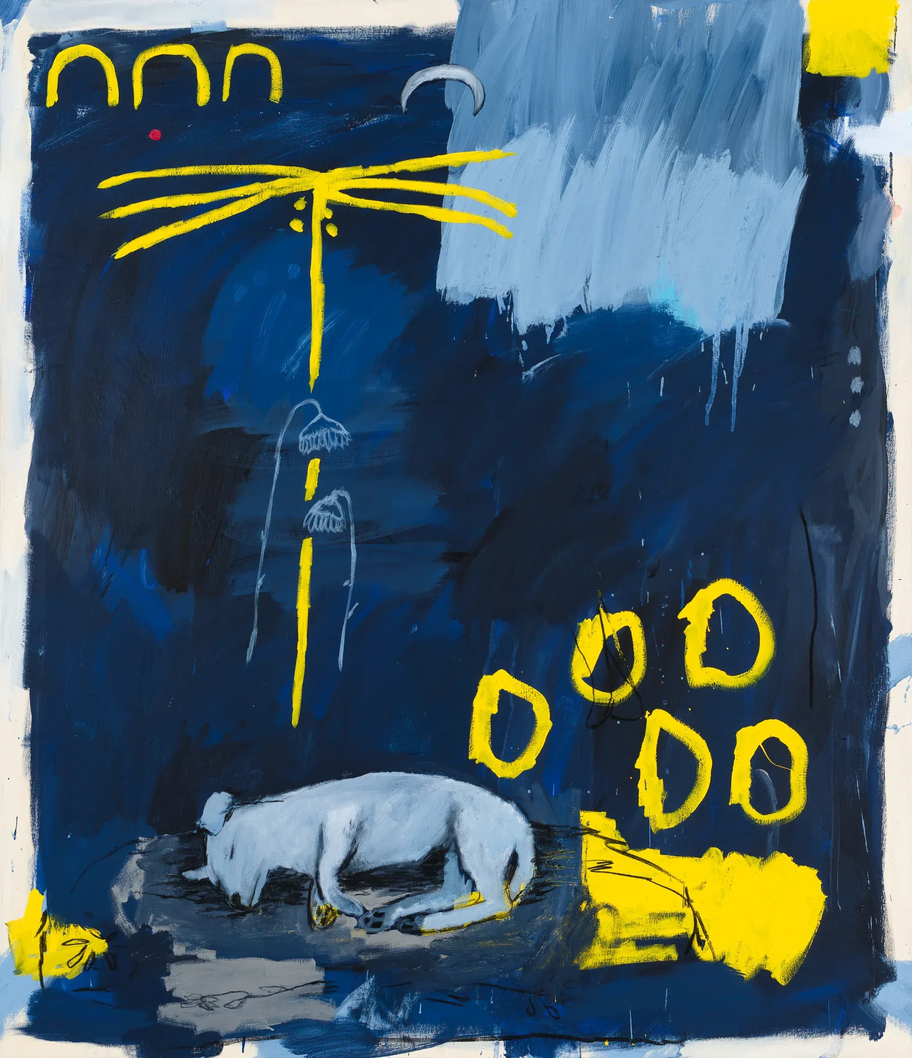 Painting by Billy Bagilhole featuring a white dog lying on a dark blue ground, surrounded by vivid yellow lines and abstract circular forms suggesting light and rain.