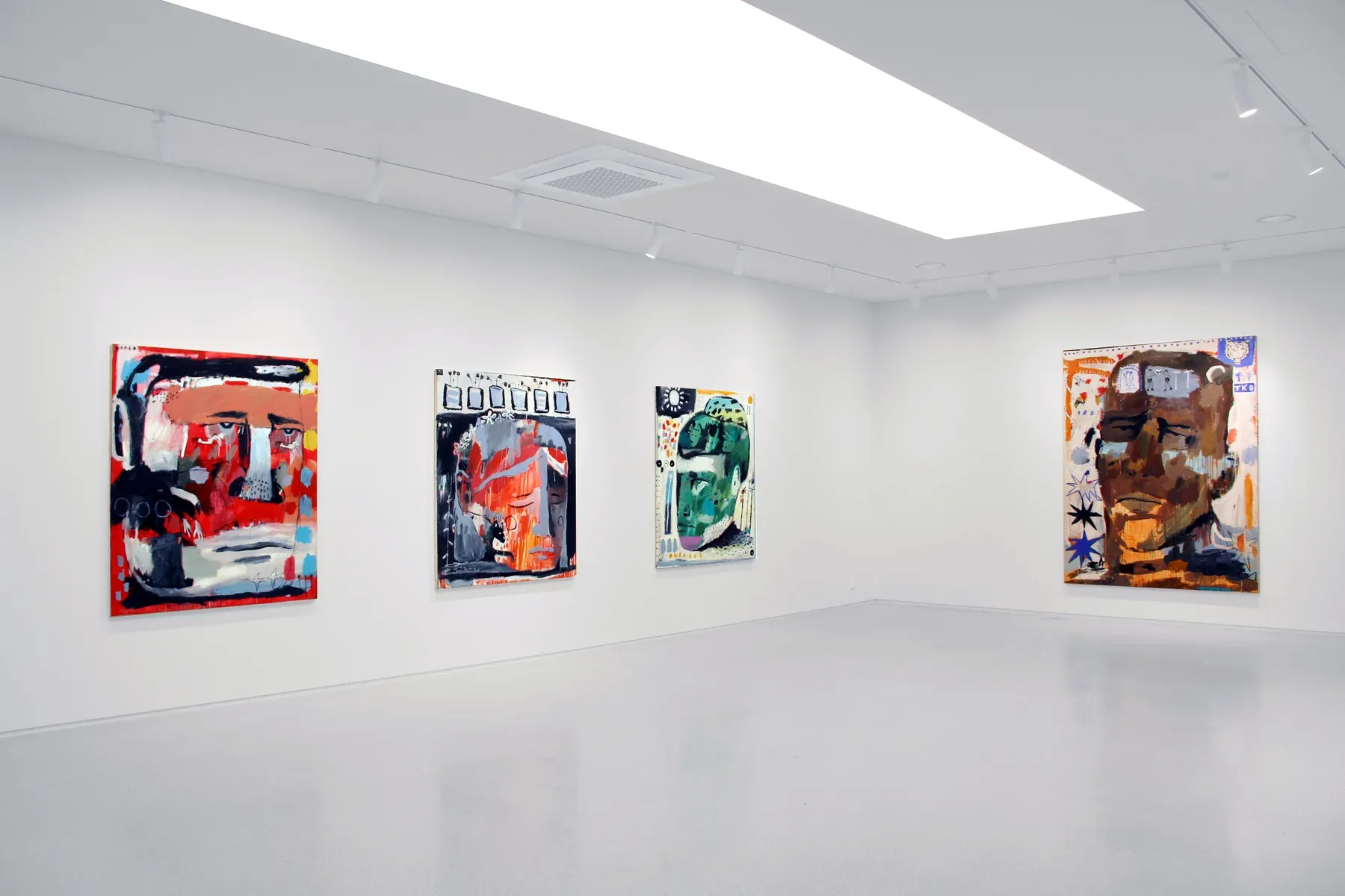 Exhibition view showing four large colourful abstract paintings by Billy Bagilhole from the series Under the Tree Trunk, displayed on white walls at K & L Museum in South Korea.