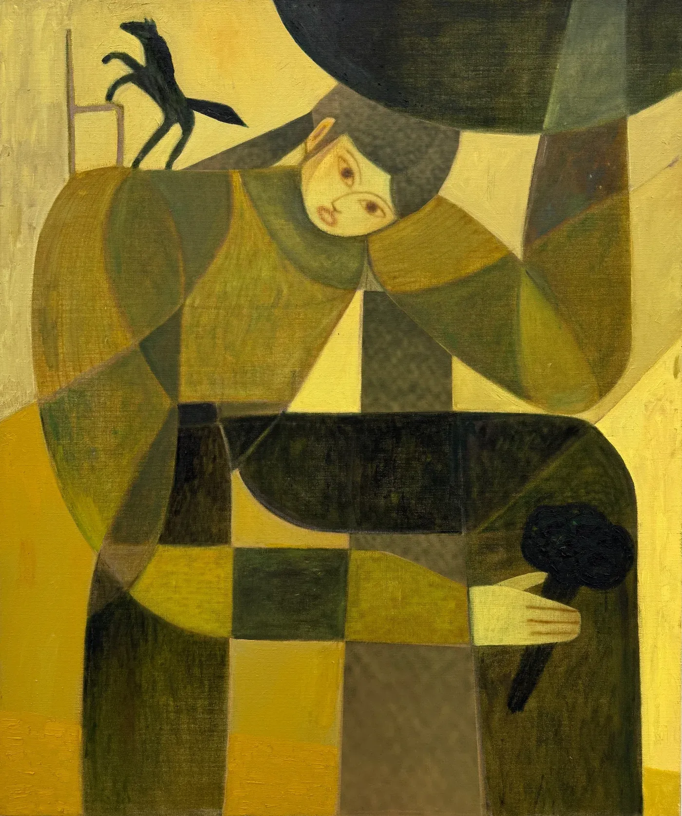 Close-up of a painting by Bob Geerts, 2025, showing a stylized seated figure in green and ochre tones holding a dark flower against a patchwork geometric background, mixed media on canvas, exhibited at HAGD Contemporary, Aalborg, Denmark.