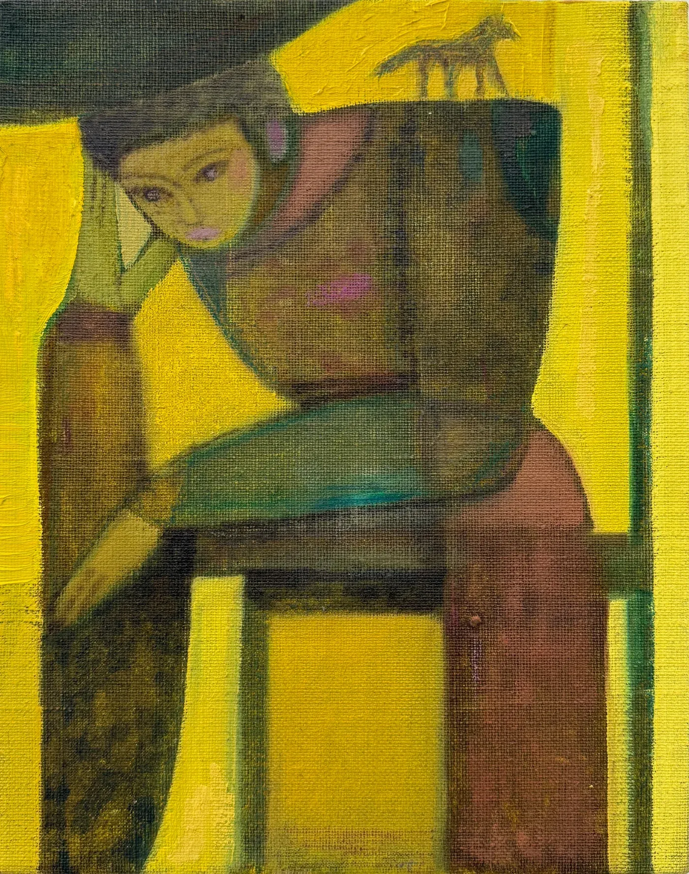 Close-up of Bob Geerts’ Untitled (2025), mixed media on canvas, showing a stylized seated figure in yellow and green tones with a small animal silhouette above the shoulder, exhibited at HAGD Contemporary, Aalborg, Denmark.