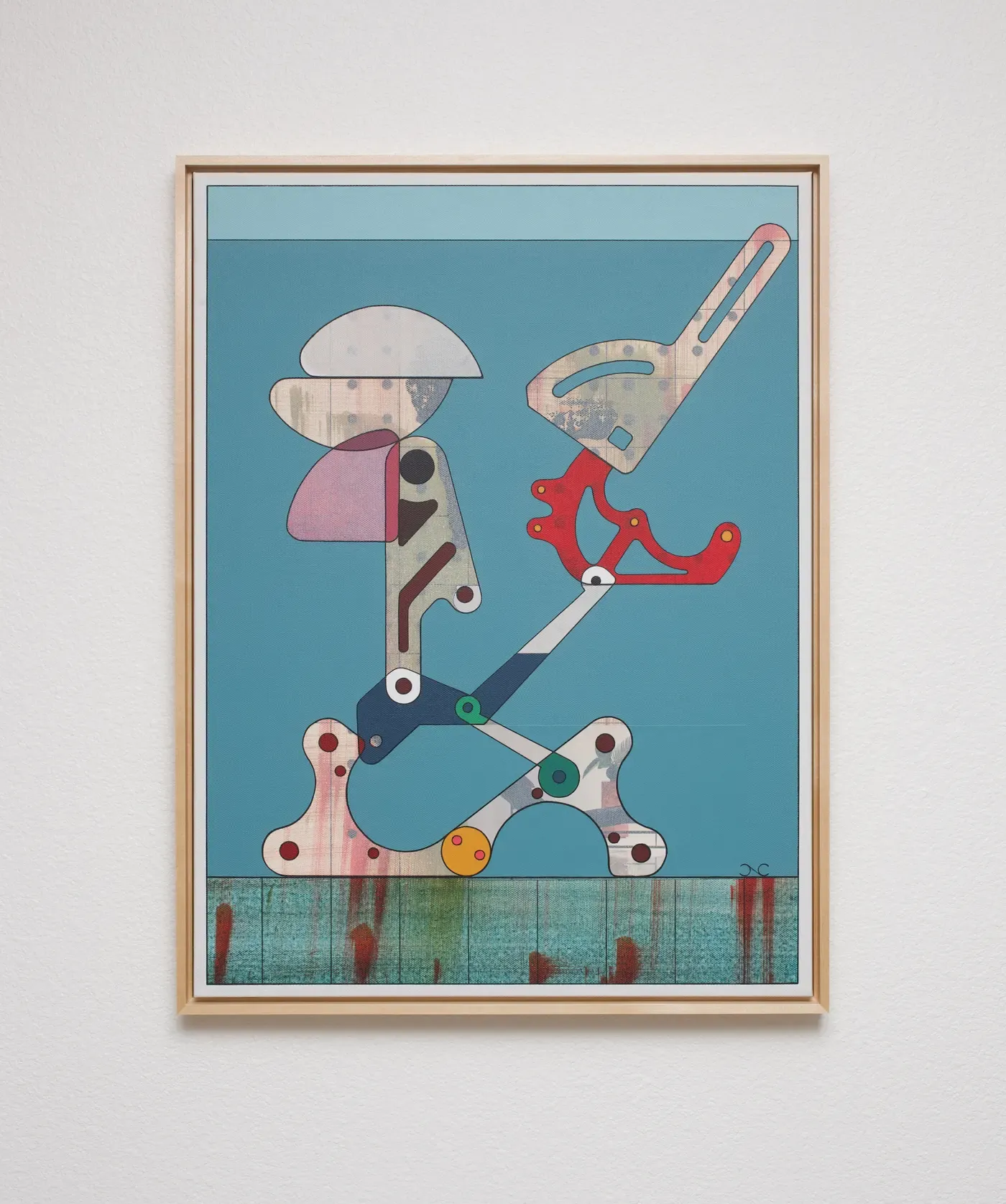 ‘Parts List for a Love Story’ by Chris Cassimatis, a 2023 painting with mechanical abstract forms on a blue background and a textured lower band. Image Courtesy of the Artist