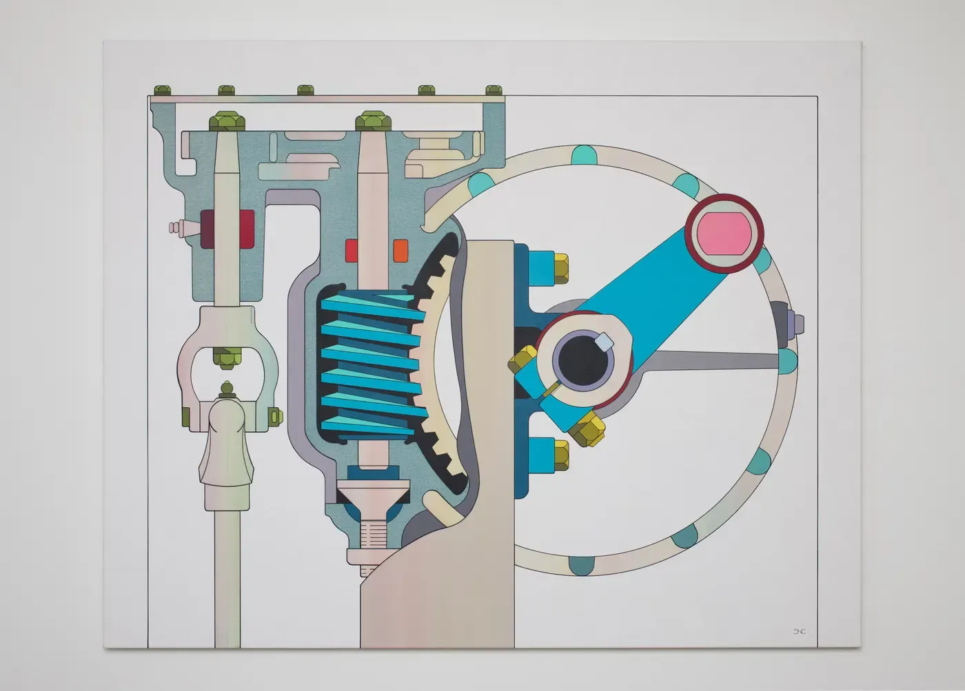 Painting by Chris Cassimatis titled Snow Plow Lift, showing a stylized mechanical system with gears, rods and circular forms in bright pastel tones. Image Courtesy of the Artist.