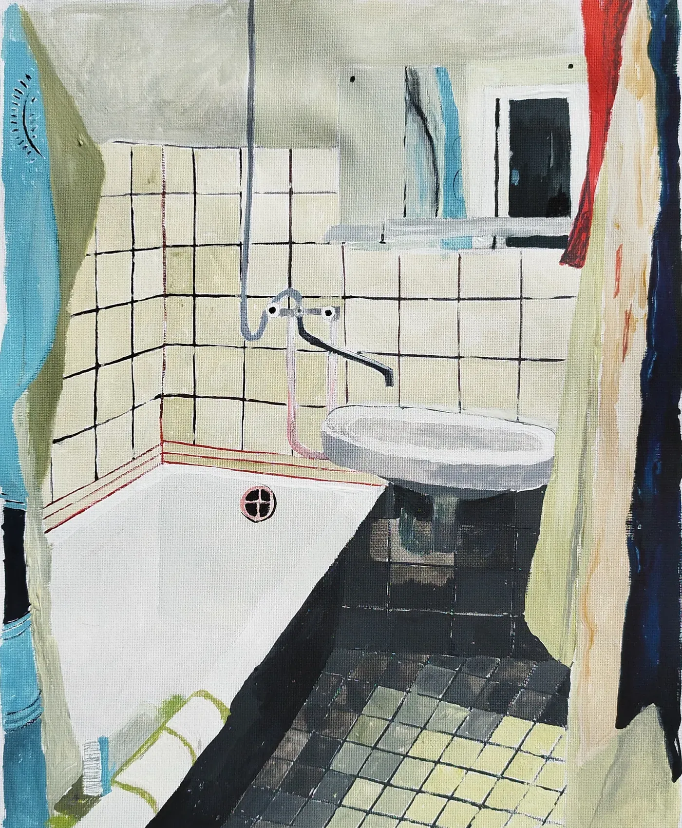 Painting by Belgian artist Ellen Claes titled The ideal place to decide nothing (De ideale plek om niets te beslissen). A small tiled bathroom with a sink, shower, and soft light evokes calm and introspection, characteristic of Claes’s quiet observational style. .