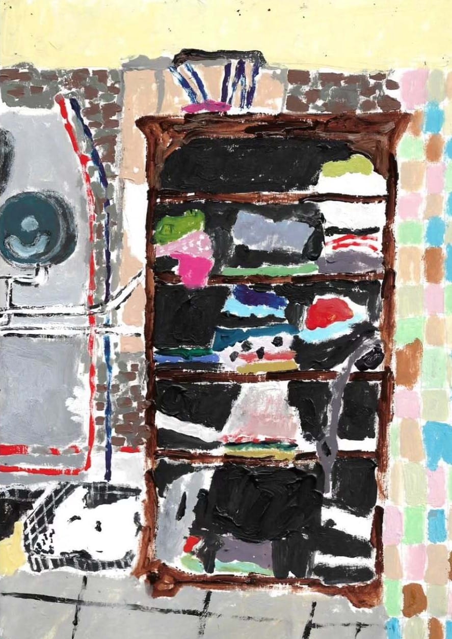 Painting by Belgian artist Ellen Claes titled Cabinet of Chaos (Rommelkast). Depicting a cluttered shelf filled with folded fabrics and scattered color, the work transforms everyday mess into a poetic study of rhythm, warmth, and care. Image courtesy of the artist.