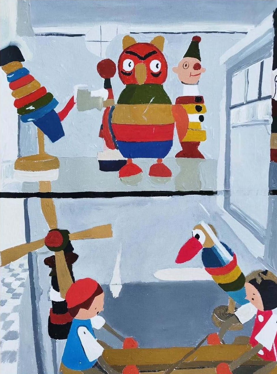 Painting by Belgian artist Ellen Claes titled Old toys from a miner’s house in Limburg, Belgium. Waiting in silence. Depicting wooden toys in muted tones, the work merges Claes’s daily drawing practice with her move toward figurative storytelling. Image courtesy of the artist.