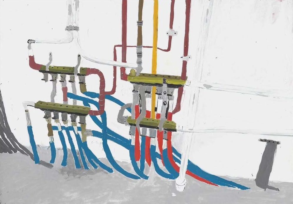 Painting by Belgian artist Ellen Claes titled Beneath the Surface, the House Breathes. Depicting colorful pipes and valves in blue, red, and yellow, the work transforms domestic infrastructure into an abstract study of rhythm, balance, and quiet vitality. Image courtesy of the artist.