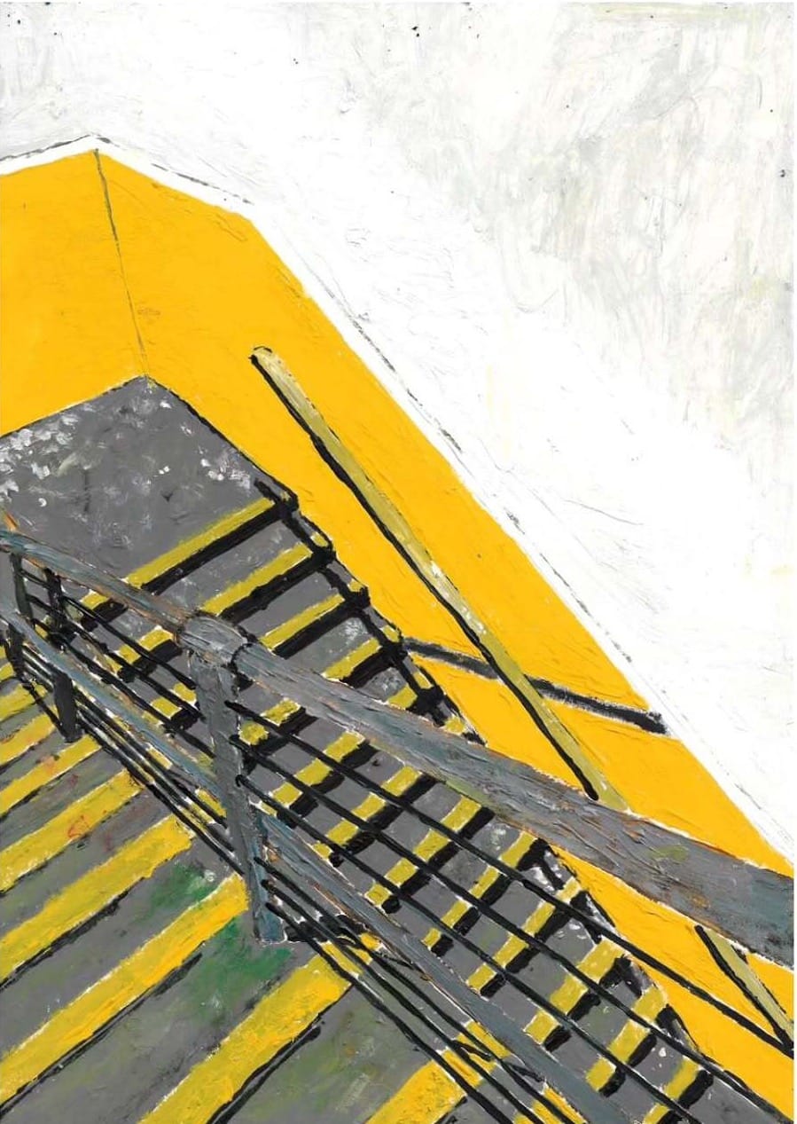 Painting by Belgian artist Ellen Claes titled Want to get there? Take a step back, showing a geometric staircase in yellow and gray tones. Her titles are an essential part of her practice, inviting reflection on distance, rhythm, and perception. Image courtesy of the artis