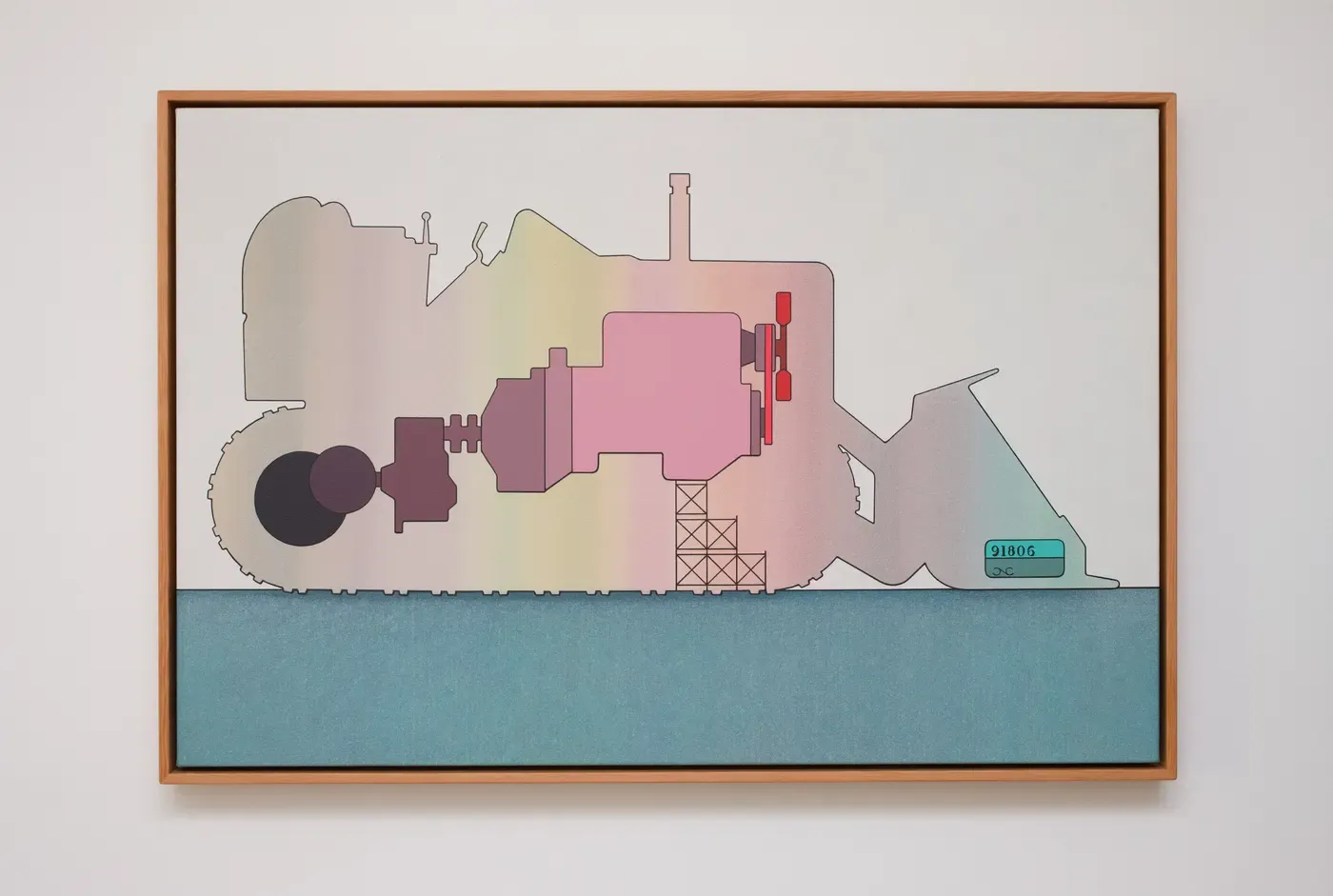 Painting by Chris Cassimatis titled Power Train Arrangement, showing a pastel-toned mechanical silhouette above a textured teal field, blending diagrammatic and landscape forms. Image Courtesy of the Artist.