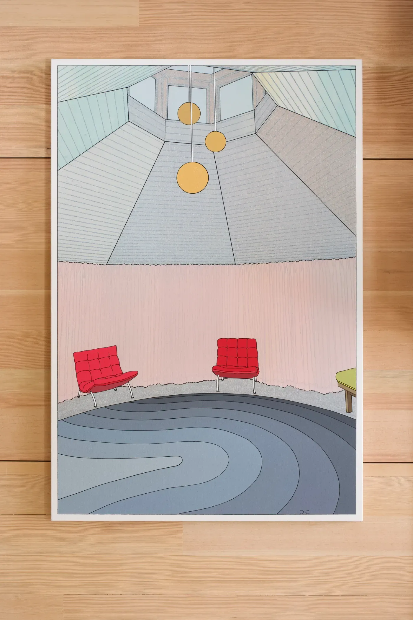 ‘NW Hilltop’ by Chris Cassimatis, a 2025 painting depicting an interior with two red chairs and a circular blue floor pattern, shown against a light wooden wall. Image Courtesy of the Artist
