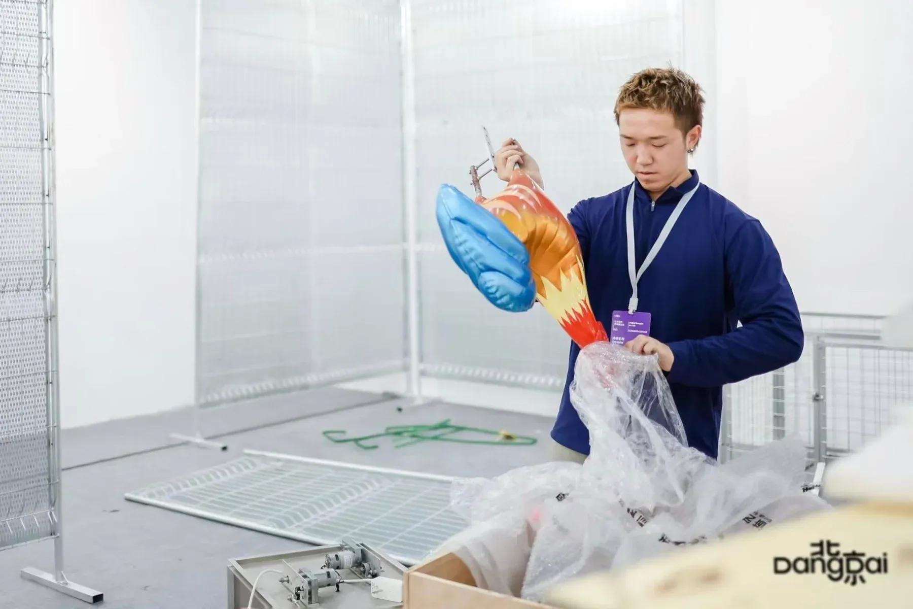 Artist Xiaozhou Liao unpacks a brightly colored rooster sculpture component in a white installation space surrounded by metal panels.