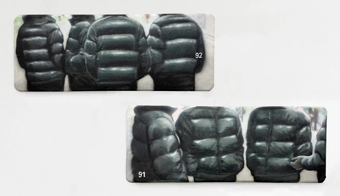 Yutaro Inagaki, artistPainting of the back of a hooded puffer jacket figure in a tight, cropped view.
