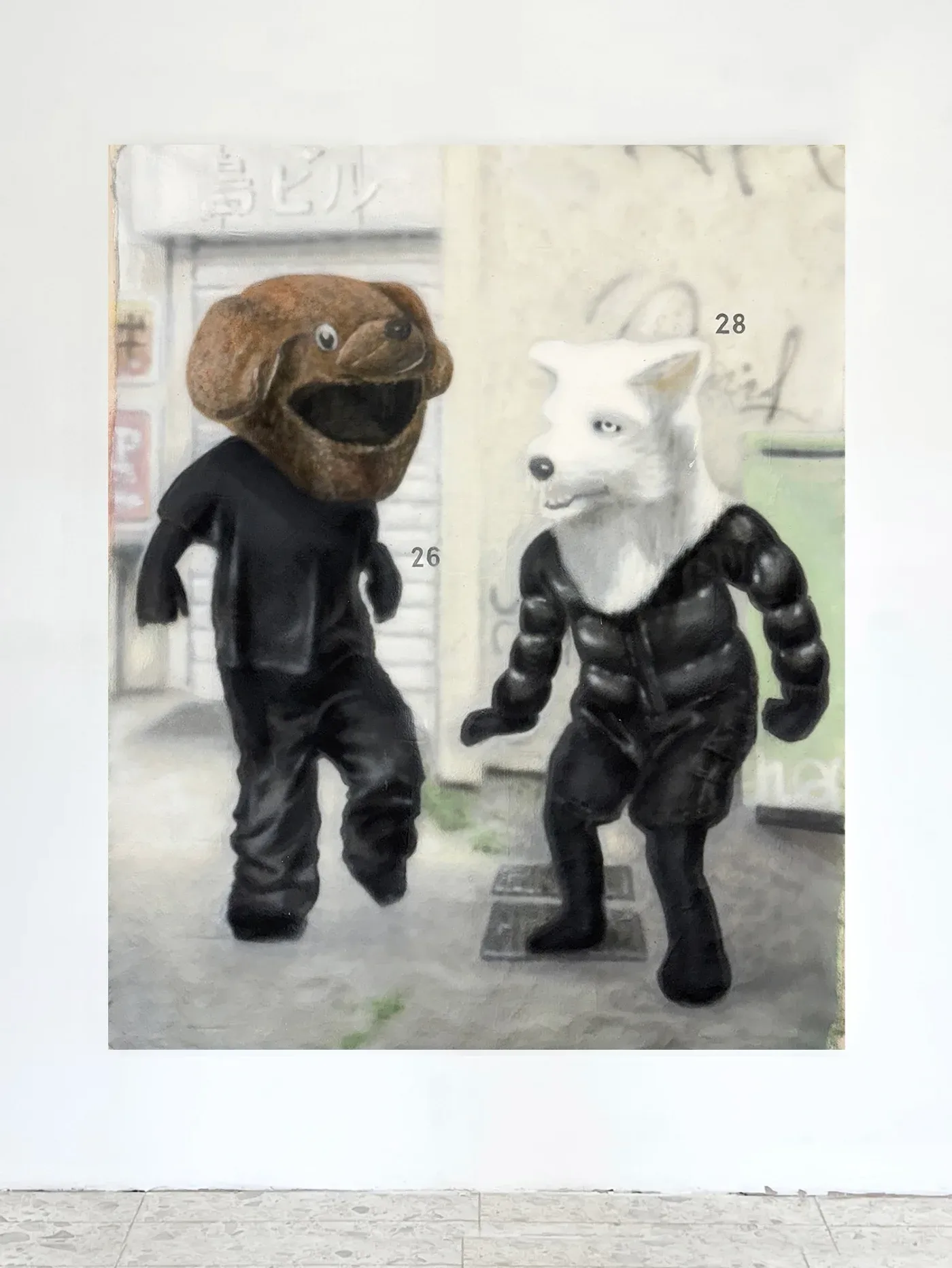 Yutaro Inagaki, Oil painting of two figures wearing oversized animal mascot heads and puffer jacket bodies, standing in an urban street setting.