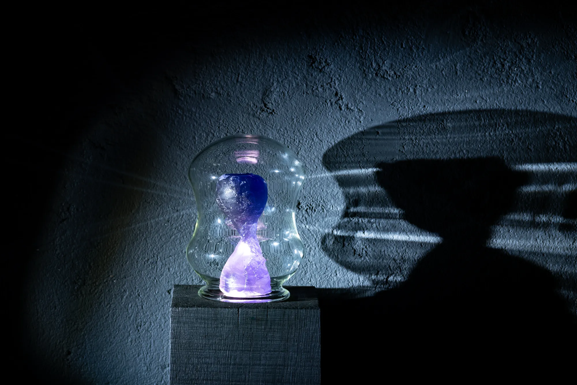 Installation detail from Epiphenomenon by Nadine Karl, showing a glass object illuminated with violet light on a pedestal against a textured wall