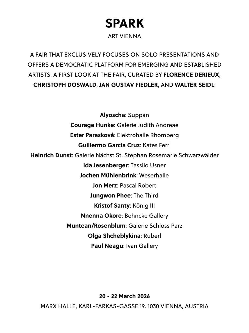 SPARK Art Fair Vienna exhibition architecture at MARX HALLE, highlighting solo presentations and open booth structure focused on individual artists