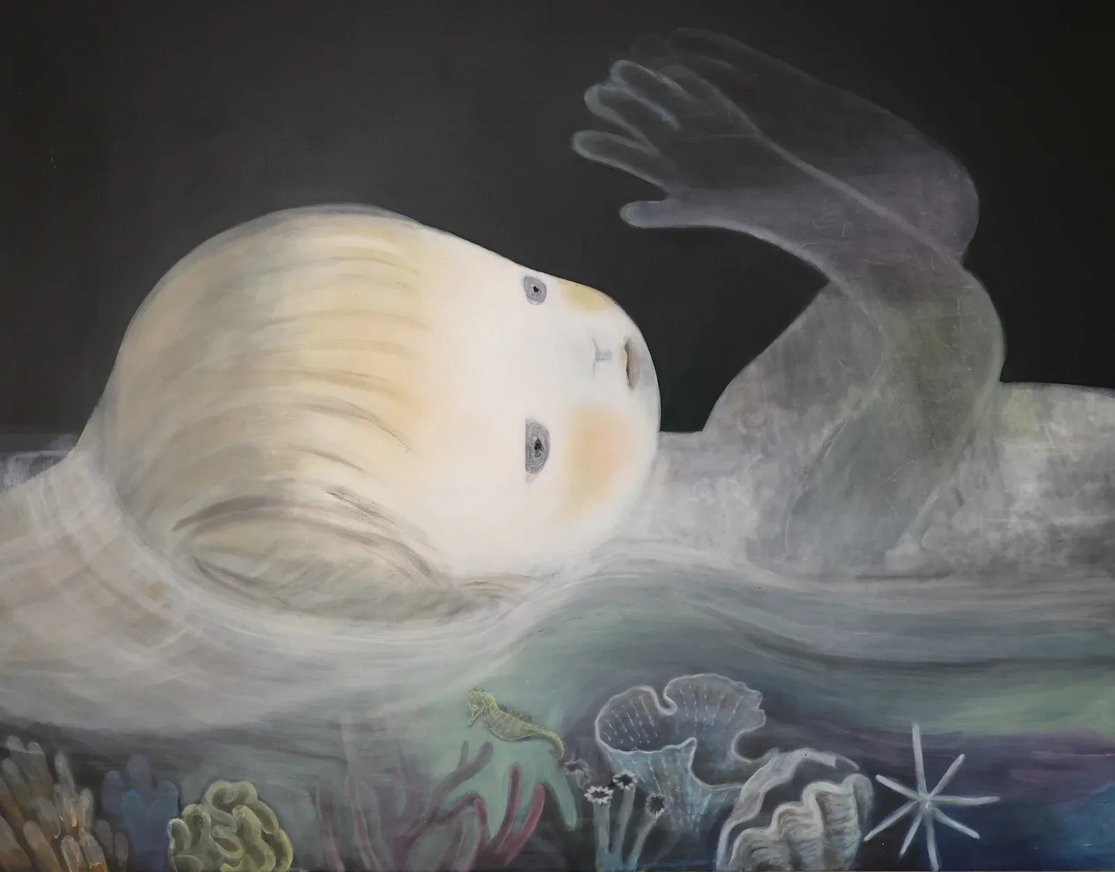 Pale figure with softly rendered facial features floating horizontally in darkness above coral-like forms in a contemporary figurative painting by Ruo-Hsin Wu.