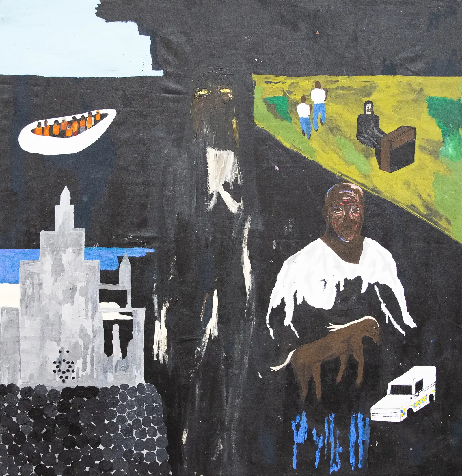 Painting by Paes, titled “Neenaw neenaw, u better run” (2025), showing two standing figures in a red interior space facing a large dark form, acrylic on canvas.