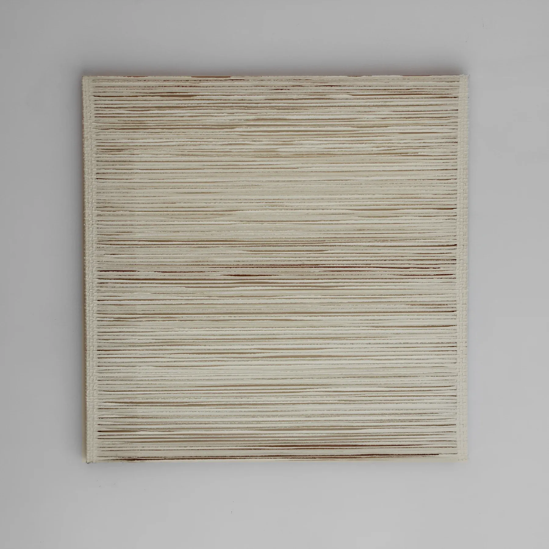 A square textile work composed of tightly layered horizontal canvas lines, creating a dense, rhythmic surface with subtle tonal variation across the field.