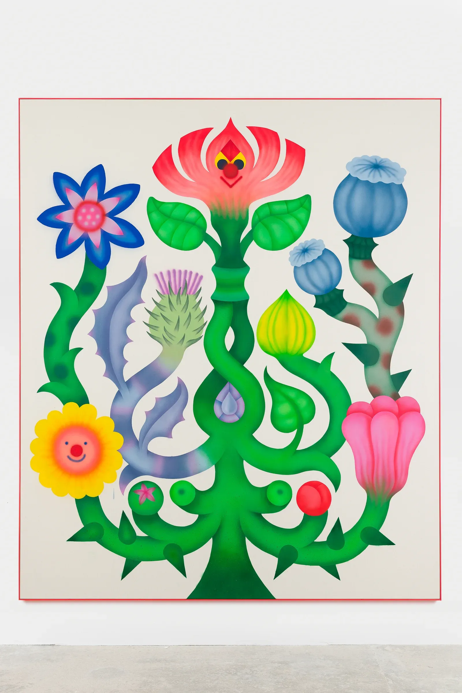 Installation view of Flower Family Tree I by Fátima de Juan, depicting a stylized plant structure with multiple symbolic flowers and graphic detailing.