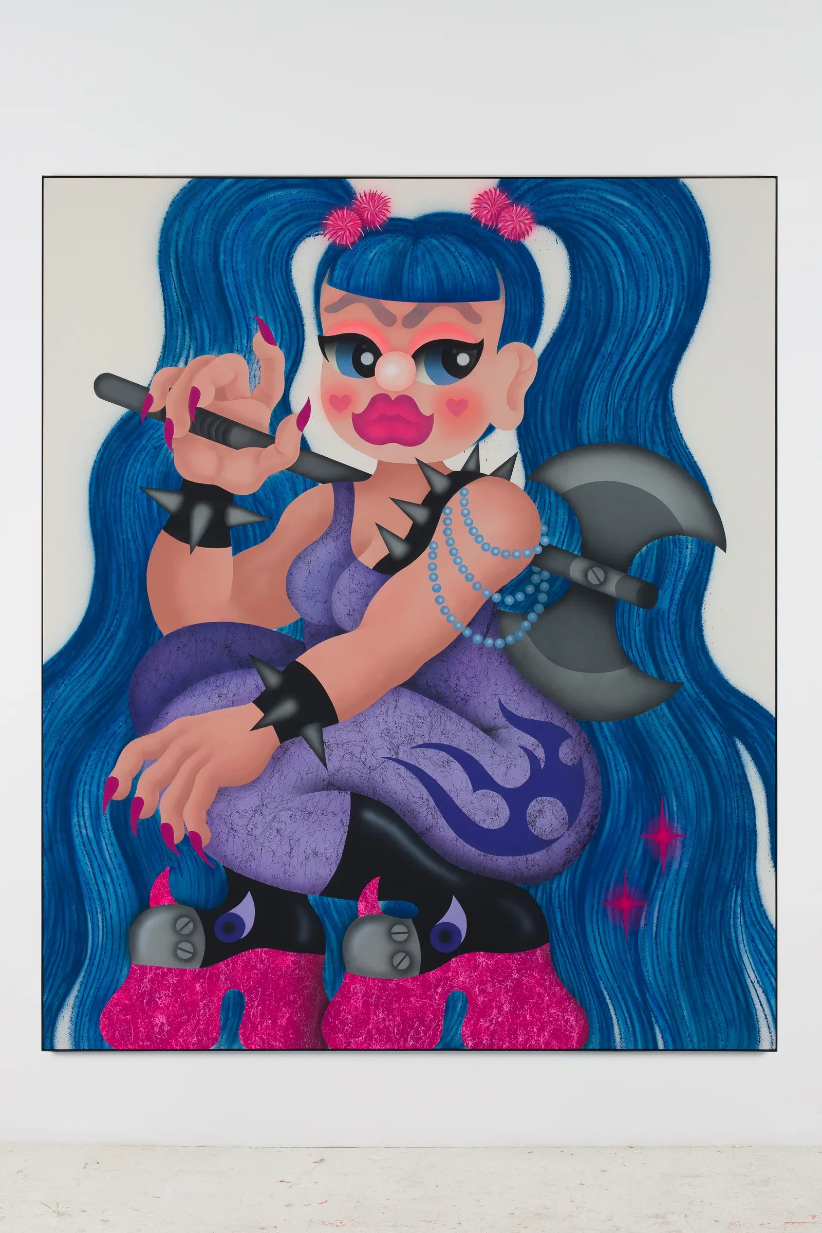 Colorful figurative painting by Fátima de Juan depicting a stylized female warrior figure with exaggerated features, bold makeup, and graphic detailing, combining pop aesthetics with a confrontational stance.