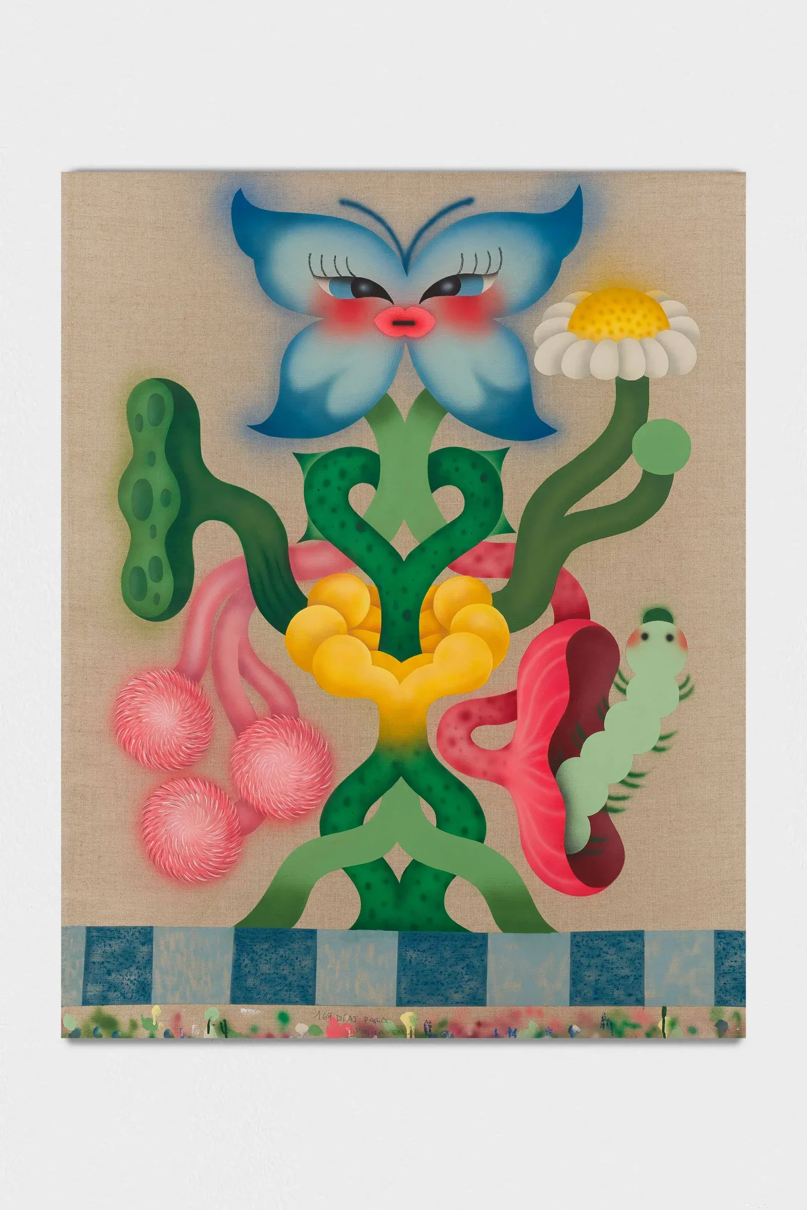 Figurative painting by Fátima de Juan titled Plant Spirit, featuring a symmetrical plant-like figure with anthropomorphic facial elements and vibrant organic forms.