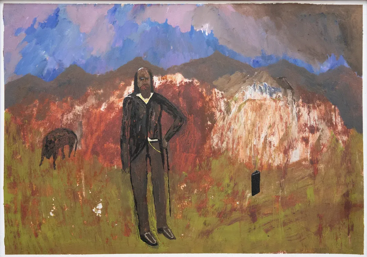 showing a seated figure at a table with cups and standing figures behind, acrylic on canvas