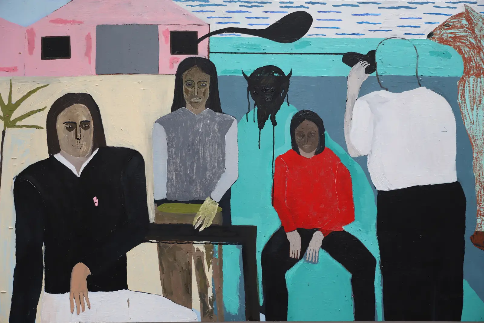 Painting by Paes, titled “Coming back to the place where I came from” (2025), showing multiple figures in a staged outdoor scene, acrylic and oil pastel on wooden boar