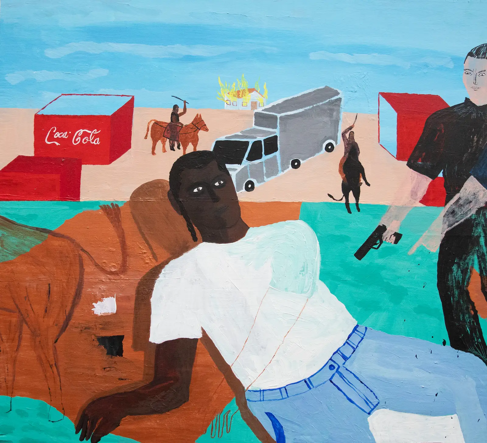 Painting by Paes, titled “Take your dirty hands out of ma land”, showing a reclining figure in a desert-like scene with vehicles and structures, acrylic on wooden board.