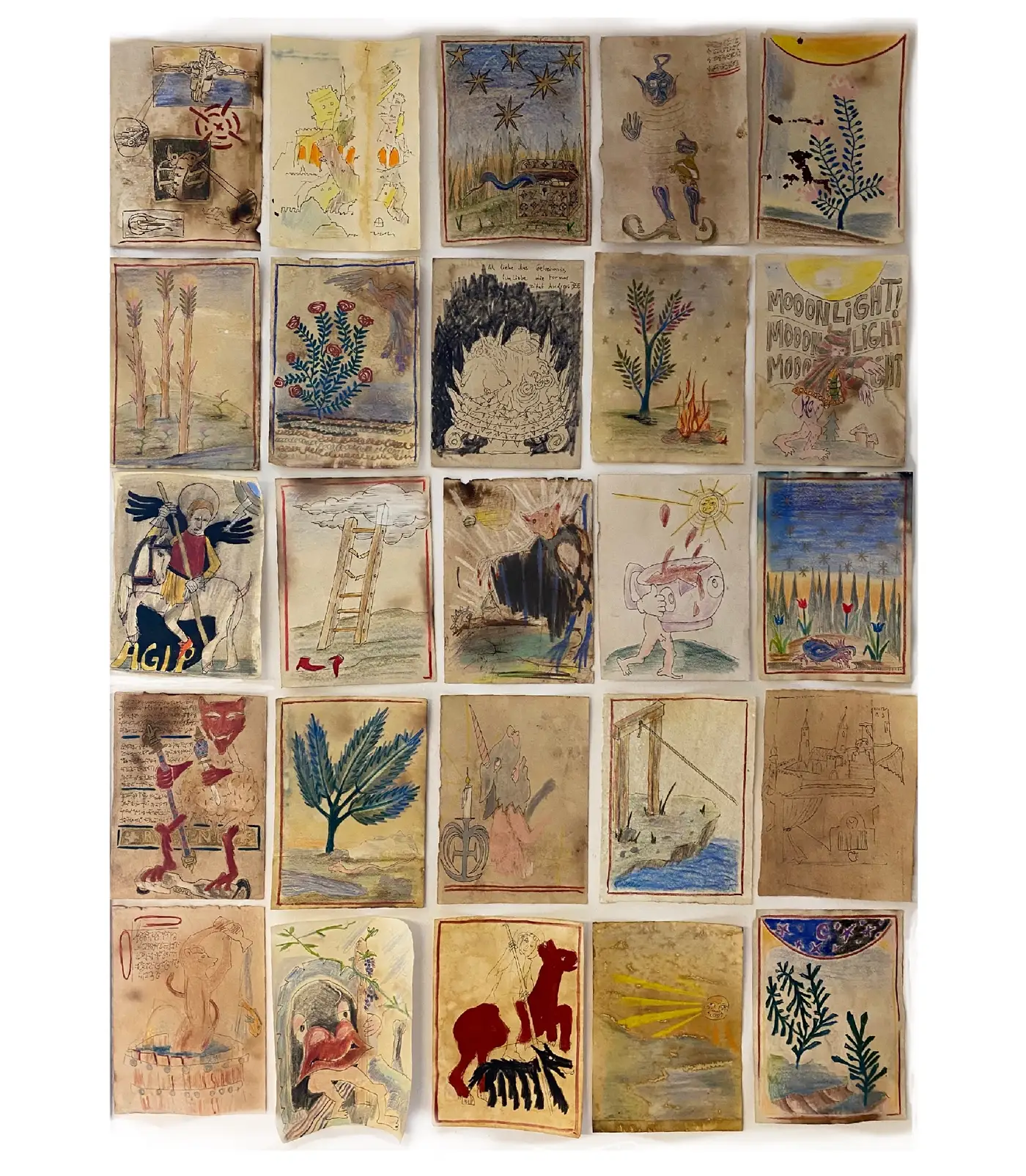 Grid of small works on paper by Ruben Einsmann showing figurative drawings and painted motifs on aged surfaces.
