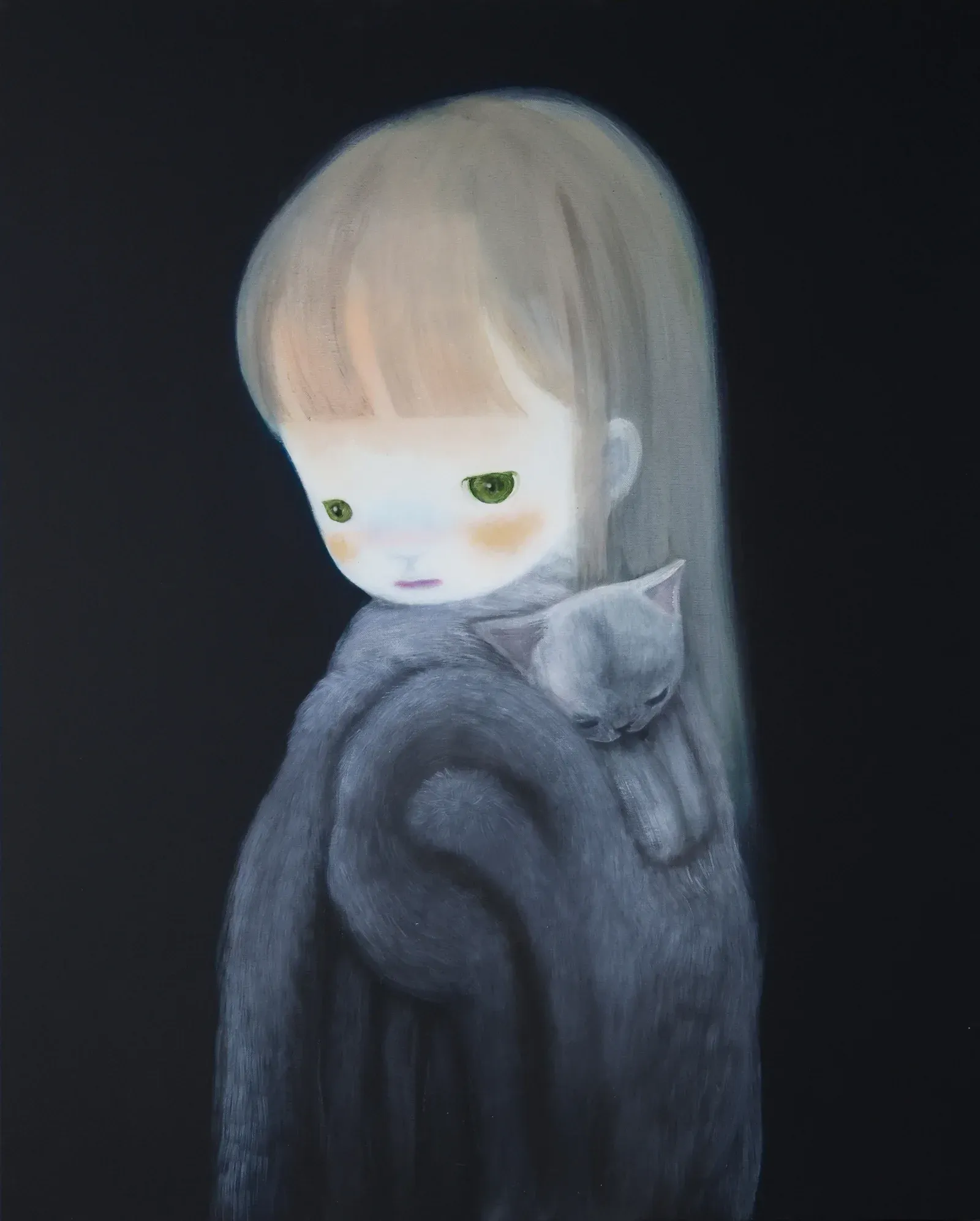 Pale figure with softly rendered facial features wrapped in a blanket-like form, accompanied by a small cat, set against a dark background in a contemporary painting by Ruo-Hsin Wu.