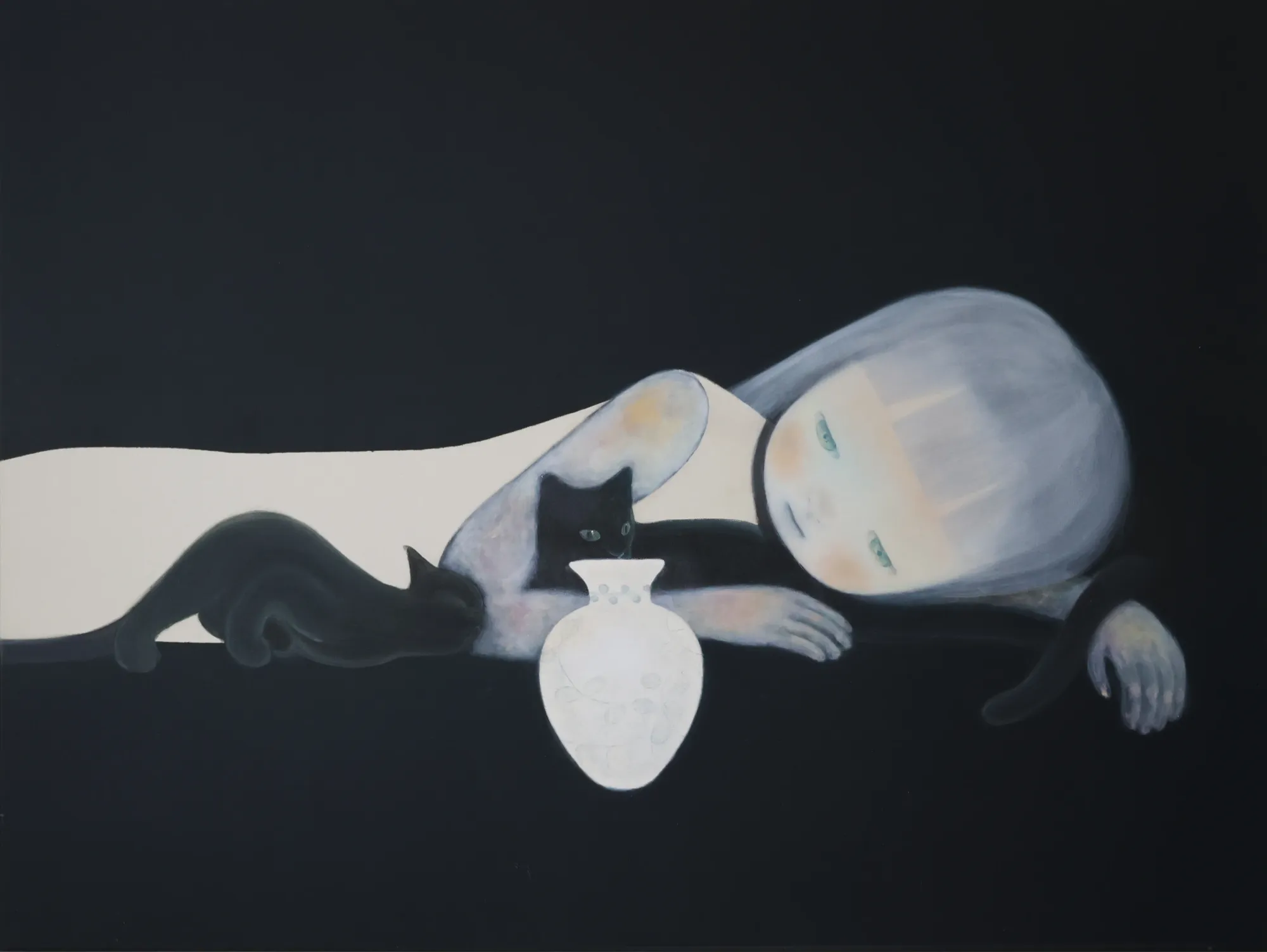 FPale figure reclining in darkness beside a white vase and a black cat in a contemporary figurative painting by Ruo-Hsin Wu, evoking solitude and quiet emotional interiority.