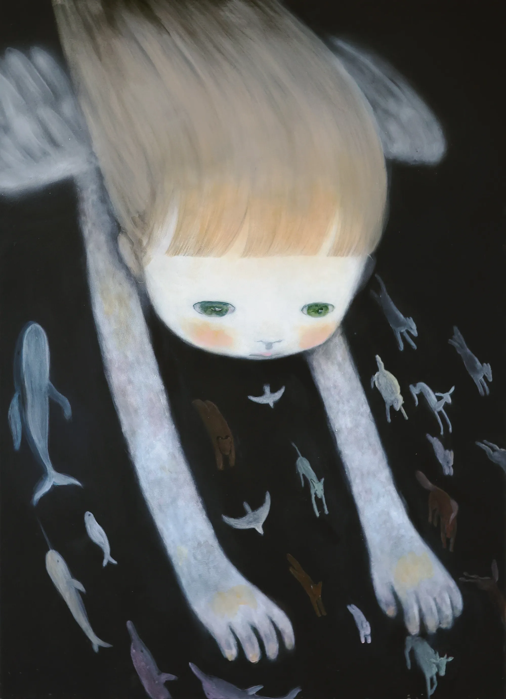 Pale faced figure reaching downward into darkness, surrounded by small animal and human-like forms in a contemporary figurative painting by Ruo-Hsin Wu, evoking vulnerability and quiet interior space.