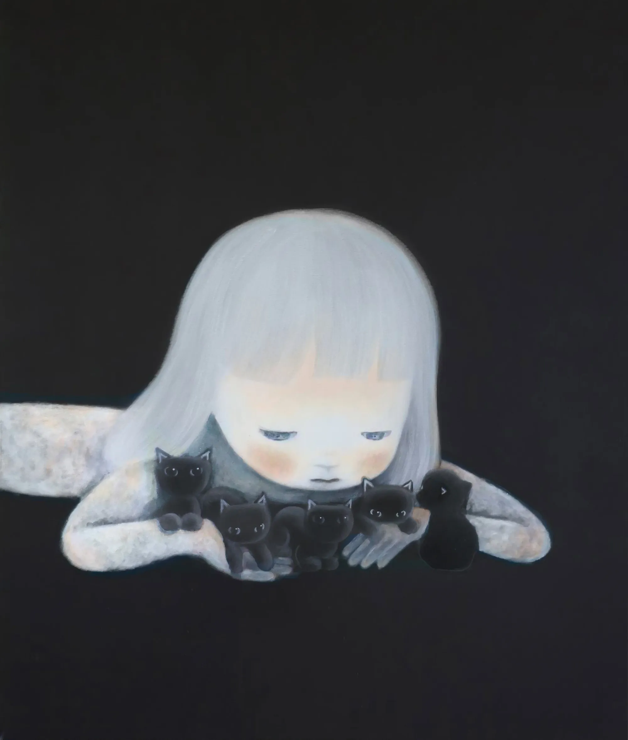 Pale figure with softly rendered facial features holding several small black cats against the body in a contemporary figurative painting by Ruo-Hsin Wu, set against a dark background.