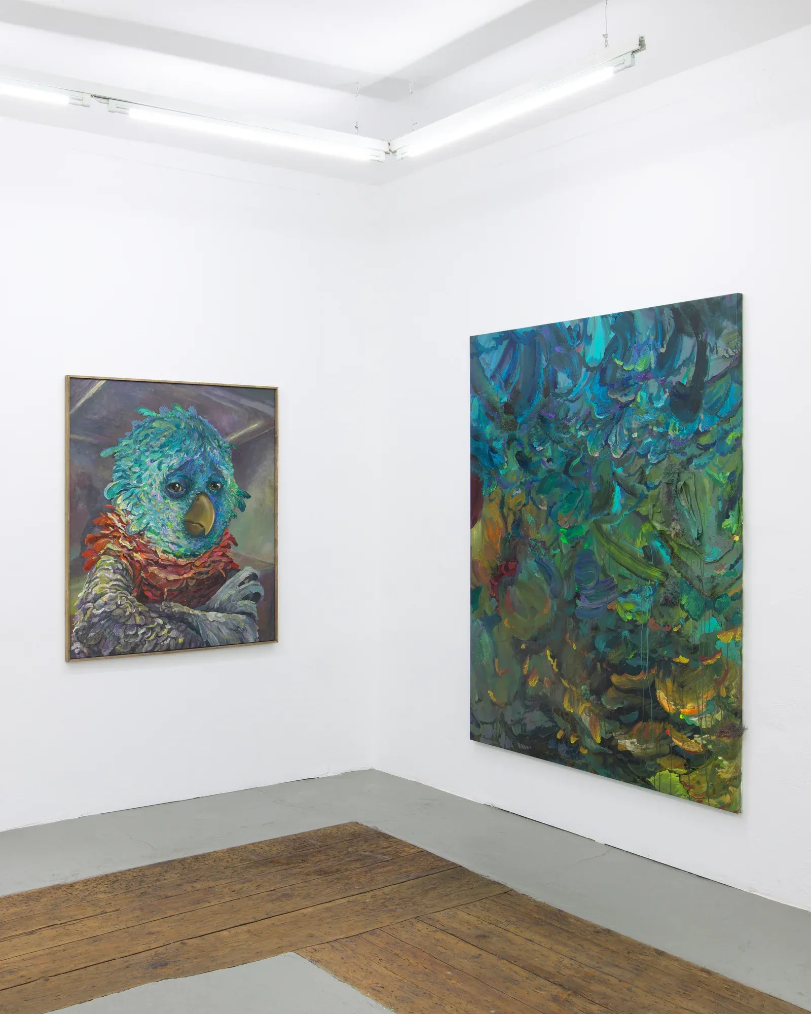 Detail of Michele Gabriele parrot painting showing expressive brushwork and psychological intensity.