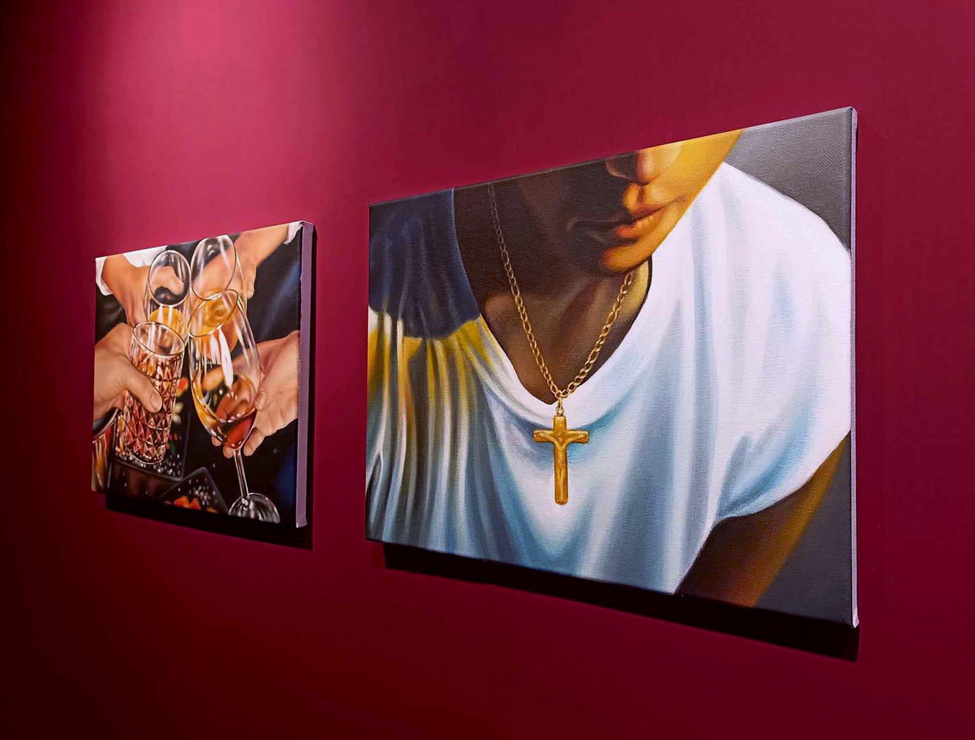 Angelo Volpe “Fragments Of Us” exhibition view Metaside Gallery, red walls with figurative paintings realistic painting form Italy