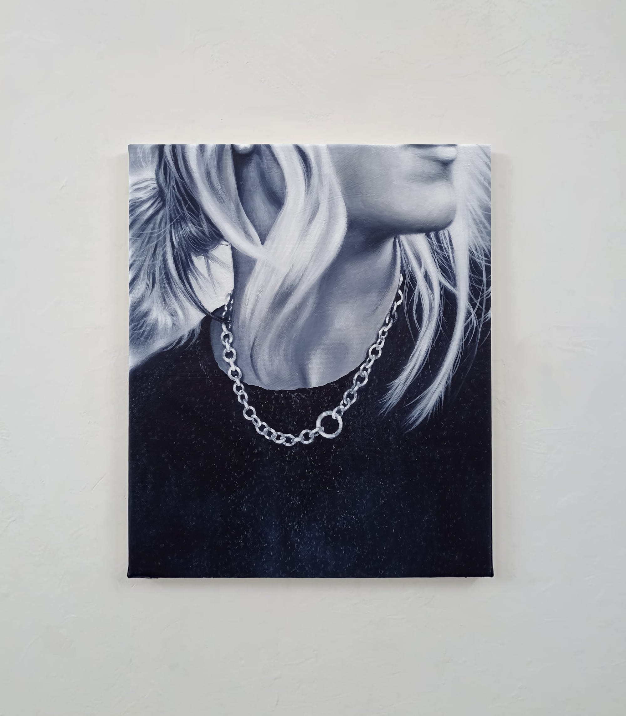 Angelo Volpe. The Day We Lost The Soul, from his studio to gallery wall, monochrome figurative painting. like a video still