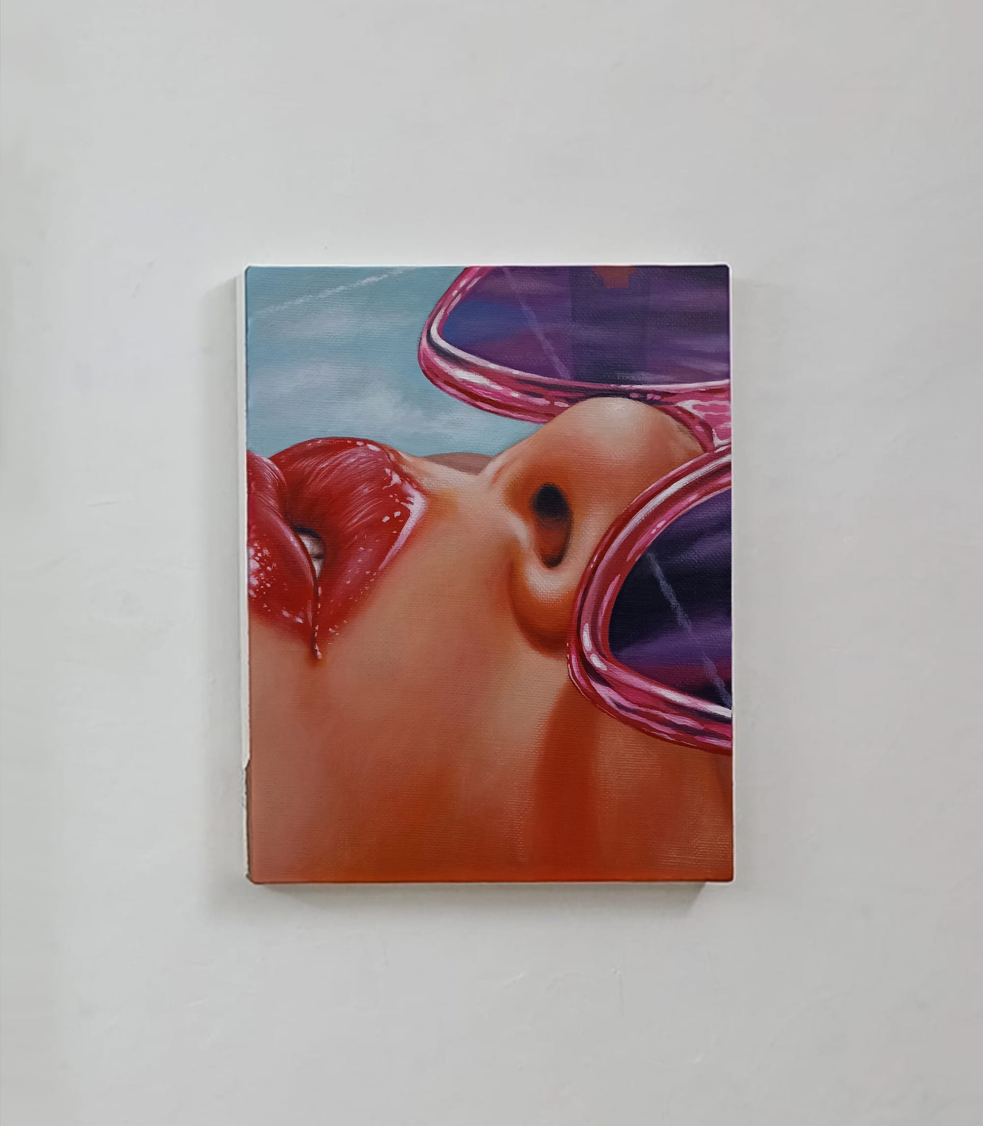 angelo volpe contemporary artist , painting photorealistic , sunglasses woman, in red