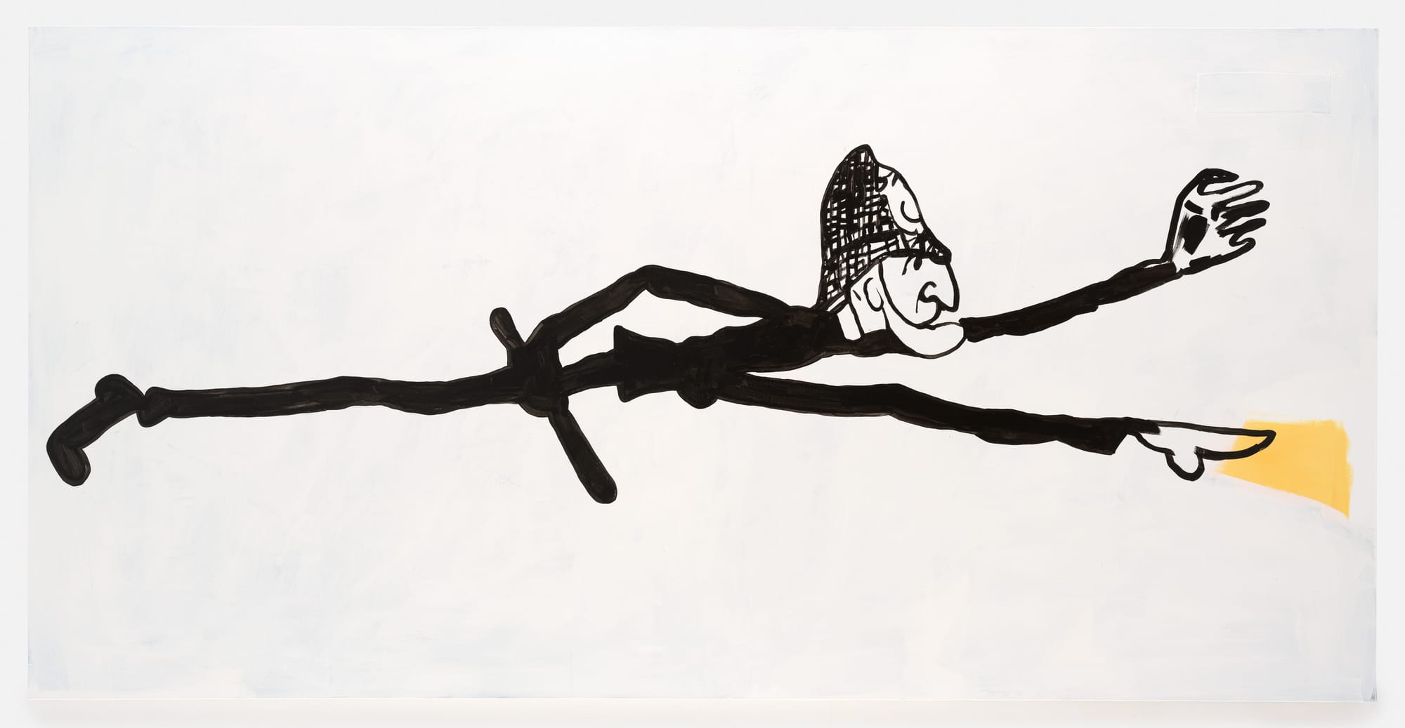 Large-format painting by Tom Król depicting an elongated black figure in motion with outstretched arms against a white background and a small yellow geometric element at the edge.