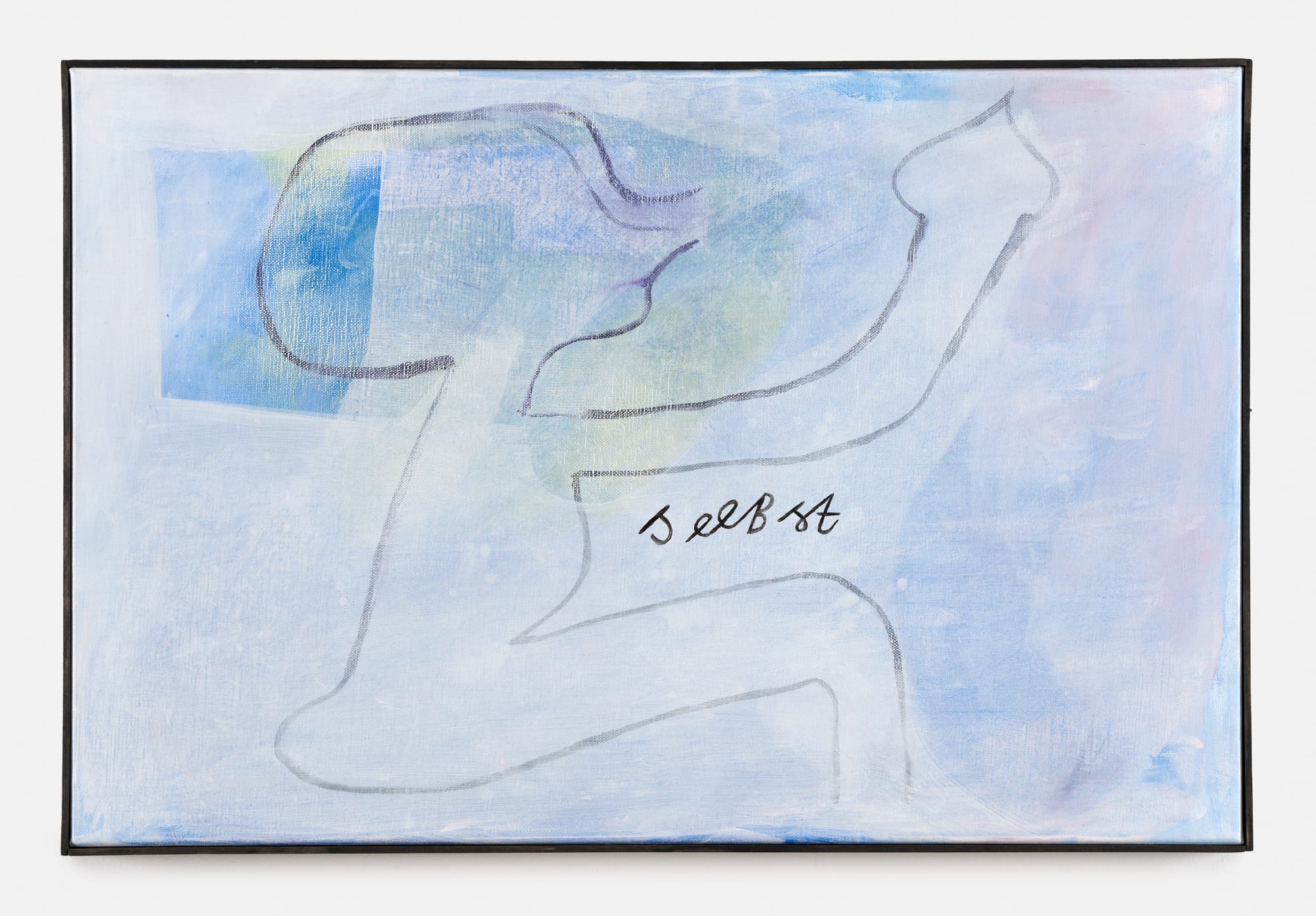 Tom Król, “Selbst,” 2024, pale blue abstract painting with faint linear figure and handwritten word “Selbst” in the center.
