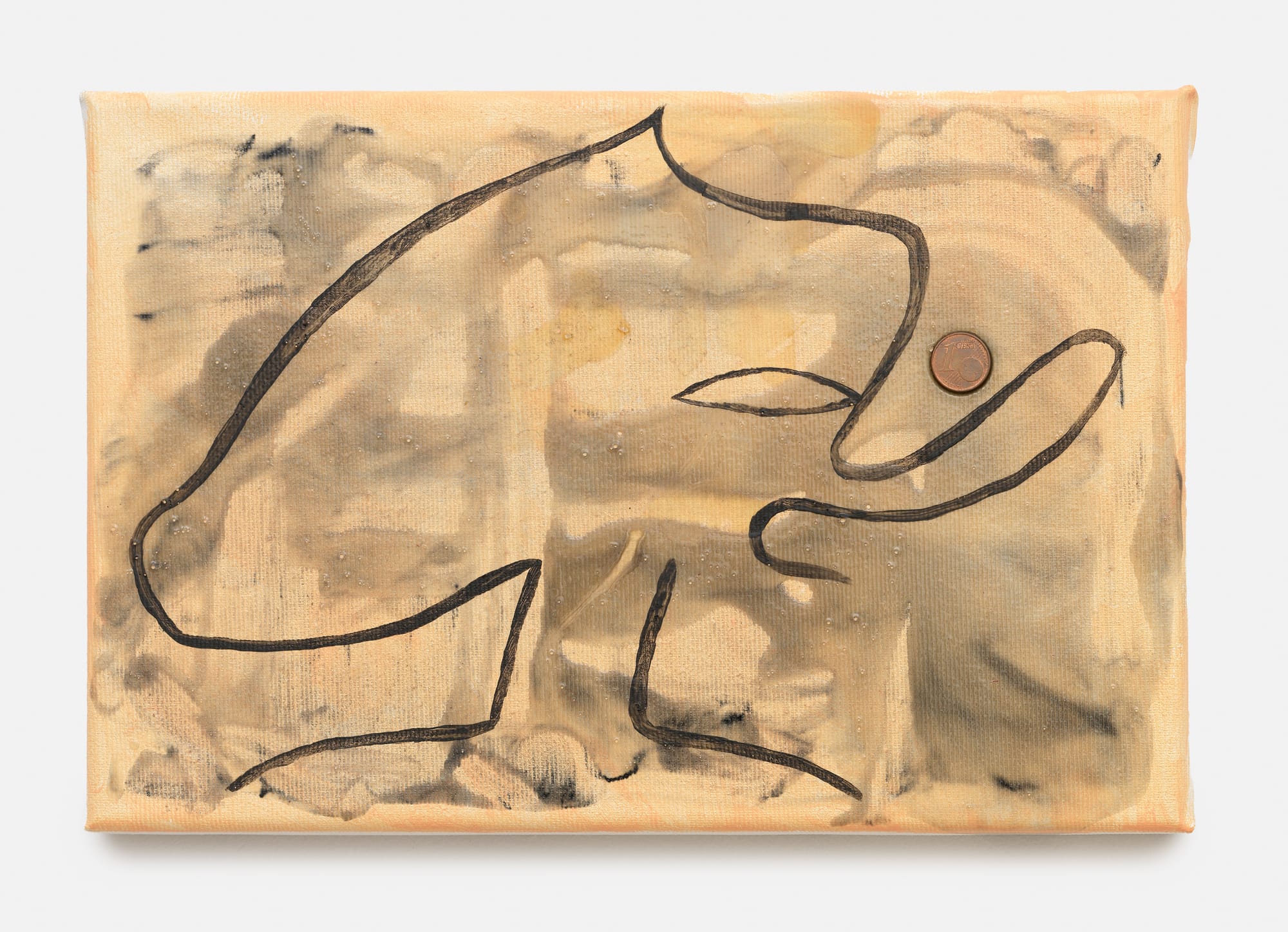 Small-scale painting by Tom Król featuring black gestural lines over a muted beige background with a one-cent coin attached to the canvas surface.