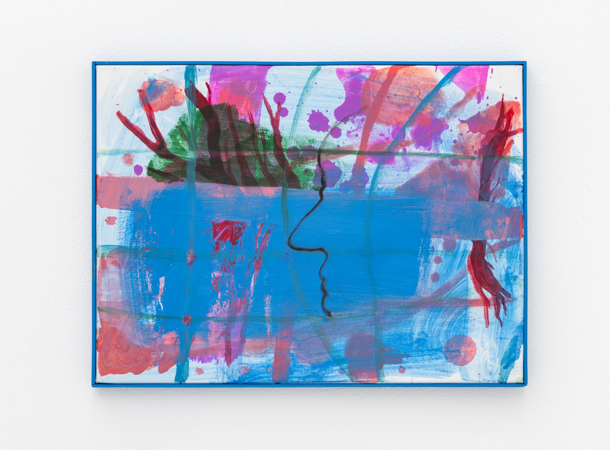 Tom Król, “Silin Bau,” 2025, acrylic on canvas, abstract composition with blue horizontal field, pink and red gestural marks, and a black line drawing element.