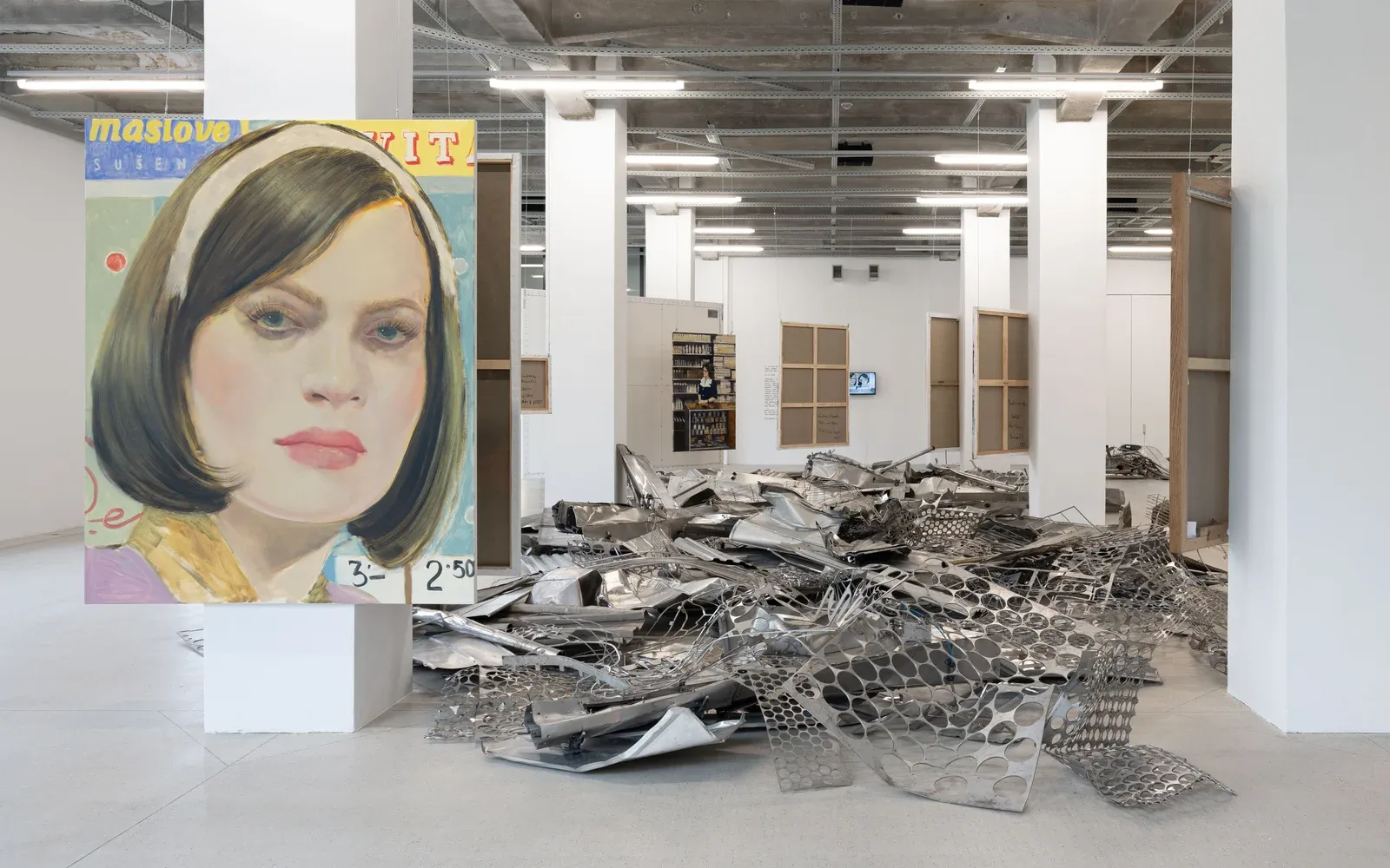 Artworks by Paulina olowska, Caroline walker and Adela janska curated by Mira macik, paintings and metal left overs, 