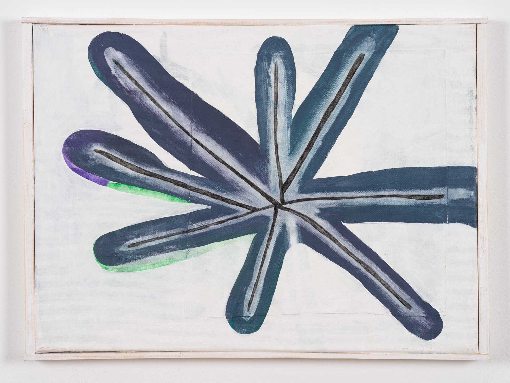 Abstract painting by Tom Król featuring a dark blue star-like radial form with layered brushstrokes on a white background.