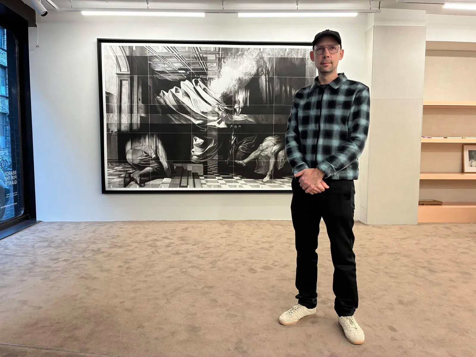 bart gielen , artist  - in front of his large drawing ‘The Deal’ Charcoal on paper